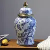 Porcelana Azul y Blanca Casa con Tapa Jarra General Cerámica de Alta Gama Florero Adornos de Entrada Sala de Estar Decoración de Hotel Artesanías Venta al por Mayor