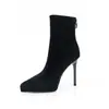 1082A Outono e Inverno Camurça Forrado com Fleece Bico Fino Preto Salto Alto Feminino Stiletto Elegante Impermeável Plataforma Aumentando Pernas Botas Curtas Slim