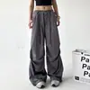 Calças cargo cinza claro femininas 2024 novo outono soltas cintura alta cordão high street casual americano perna larga calças moda
