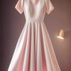 Vestido de Citas de Estilo de Pesca Exquisito de Alta Gama Estilo Francés Elegante Chic Rosa Satén Manga Corta Cintura Vestido Otoño de Mujer