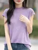 Suéter de Tricô com Gola Alta Meia-Boca em Lã Fina, Mangas Curtas com Pequenos Babados, Base em Tricô Jacquard Vazado para Mulheres - Coleção Primavera/Verão 2026