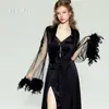 DZ Guiruo Camisón de Satén y Encaje Sexy Sin Espalda con Copas y Botones de Perla, Conjunto de Bata Sexy con Abertura C7286