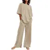 Conjunto Feminino da Moda de 2 Peças Verão 2024 Casual com Cinto e Bolsos Conjunto Top de Manga Curta com Decote O e Calça de Perna Larga
