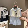 Conjunto de Ropa Nuevo de Verano 2026, Elegante y a la Moda, Conjunto de Dos Piezas de Algodón y Seda para Niña Estilo Sal Marina en Stock