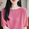 Nova Blusa de Malha Fina com Gola Redonda e Meia Manga para Primavera/Verão 2026, Camiseta Soltinha Emagrecedora para Mulheres, Camada Básica Fashion