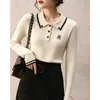 Suéter Tricô Trançado Gola Polo Bordado Estilo College Francês 2026, Novo Top de Contraste Vintage de Alto Padrão Outono/Inverno para Mulheres
