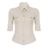Blusa de Trabalho Longa Estilo Y2K Europeu e Americano Transfronteiriça com Design Francês, Decote V Ombro a Ombro, Camisa Acinturada para Mulheres, Emagrecedora e Adequada para o Trabalho