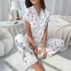 Pijama de Mujer Estilo Europeo y Americano Transfronterizo Otoño e Invierno Sexy Cuello en V Encaje Estampado de Cerezas Camiseta Pantalón Ajustado Ropa para el Hogar