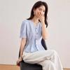 Camisa de Gasa Francesa 2024 Camisa de Verano Femenina Cuello en V Manga Corta Abullonada Color Puro Slim Slim Camisa Top
