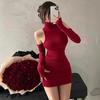 Moda Transfronteriza Europea y Americana Estilo Nuevo de Primavera Picante Sexy de Cuello Alto Pura Pasión Hombros Descubiertos Elegante Ceñido al Cuerpo Vestido
