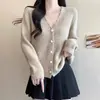 Suéter de Tricô para Mulheres, Primavera e Outono, Estilo Coreano, Novo Decote V, Cor Sólida, de Botão Único, Cardigã de Tricô Fashion e Fresco para Mulheres
