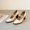 Versão em Pele de Ovelha~Sapatos Mary Jane Retrô Franceses para Mulheres, Bico Quadrado, Tira Única, Efeito Emagrecedor, Salto Bloco, Branco, Salto Alto para o Trabalho