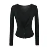 Camiseta de manga larga con retazos de encaje, estilo dos piezas falso, cuello en V para mujer, cárdigan casual de primavera, estilo puro y seductor, corte ajustado, ceñida a la cintura, top corto