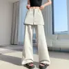 Algodão lavado com design estilo americano e detalhe no painel traseiro, calça pantalona para mulheres, falso conjunto de duas peças, emagrecimento, calça casual levemente flare
