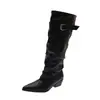 Botas de Punta hasta la Rodilla 2026 para Mujer, Pierna Ancha, Hebilla, Botas Estilo Chica Picante, Botas de Caballero para Pantalón, Botas de Cuero Apilado, Botas para Mujer