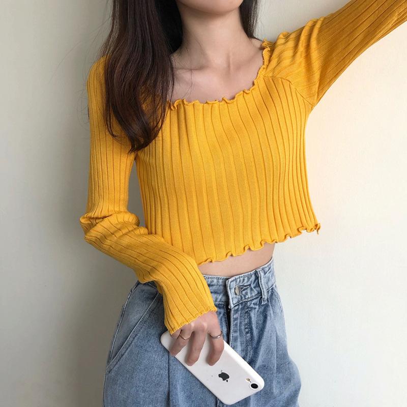 帮手SKU图-方领高腰短款上衣女2020新款白色长袖网红t恤