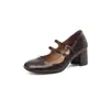 Versión de Piel de Vaca~Zapatos Mary Jane Cuadrados Retro Franceses de Tacón Grueso para Mujer con Correa Única de Tacón Alto y Zapatos de Piel de Vaca Texturizada de un Solo Color