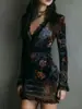 Vestido Longo Estampado de Manga Longa com Decote em V e Renda, Bodycon Curto Sexy com Ajuste na Cintura, Lançamento 2025 Europeu e Americano