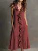 2026 Amazon Europeo y Americano Transfronterizo Primavera y Verano Nuevo Vestido de Color Sólido sin Mangas de Algodón y Lino con Cuello en V y Dobladillo Ancho con Volantes para Mujer