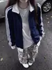 Chamarra Exquisita de Bloques de Color con Tres Rayas y Cuello Alto para Mujer, Sudadera Azul Marino de Primavera, Estilo Béisbol Universitario Americano, Top de Otoño