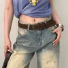 Cinto Feminino Retrô de Camurça com Rebites Americanos Estilo Western Acessório de Nicho para Jeans Estilo Hot Girl Millennial Decoração de Cinto de Couro