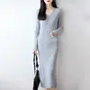 Vestido de mujer de manga larga con cuello en V, 100% lana pura, corte ajustado con diseño de canalé, falda larga interior, nuevo estilo otoño e invierno