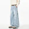Calça jeans de brim lavada para homens, corte reto solto, perna larga curva desconstruída, estilo American high street, marca da moda, calça patchwork descolada e estilosa