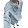 Camiseta de Manga Larga con Cuello Henry para Hombre, Estilo Delgado de Verano, Sudadera Waffle de Alta Gama, Marca de Moda, Corte Holgado, Camiseta Base para Capa Interior