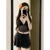 Conjunto de Dos Piezas de Malla Retro de Lunares Estilo Coreano Sexy con Tirantes Falda Corta de Cintura Alta Adelgazante Atuendo Casual de Vacaciones Puro Deseo para Mujer Moderno