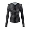 Top de camiseta de manga larga, estilo francés, nicho, para principios de otoño, de mujer, con lunares blancos y negros, elástico, corte ajustado, transparente, con diseño de malla calada, con botones
