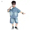 Traje de Verano de Tres Piezas de Mezclilla de Manga Corta para Niños Pequeños, Traje Guapo y Elegante, Ropa Guapa de Moda para Bebé, Exportación