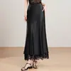 Elegante falda midi de satén con abertura y encaje para mujer, de cintura alta, estilizada, estilo cola de pez para primavera y otoño
