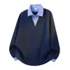 Sudadera con cuello de polo de dos piezas falsas de la NASA Chaqueta para hombre Primavera y Otoño Nueva Rayada Pareja Casual Manga Larga