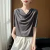 Atacado transfronteiriço de novas blusas femininas de primavera e verão com gola redonda e mangas curtas, design de gola solta estilo francês, blusa básica de manga curta