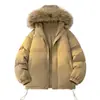 Nuevo abrigo de algodón con capucha estilo invierno 2026 con un gran cuello de pelo, diseñado para parejas, con un corte holgado, un dobladillo con cordón y que proporciona calor