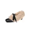 Botines de Mujer Nuevos de Invierno Cálidos Estilo Francés Rizados de Tacón Grueso Forrados de Felpa con Puntera Cuadrada de Piel Genuina con Cordones Elegantes de Tacón Alto de Moda