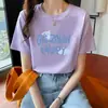 Camiseta de Algodão Puro Manga Curta Estilo Coreano de Verão para Mulheres, Ombro Caído, Gola Redonda, Simples, Casual, Fashion, Versátil, Top Emagrecedor para Mulheres
