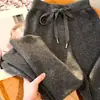 Conjunto de estilo de alta gama gris grueso 100% lana tejido pantalones de pierna ancha mujer sueltos casual cachemira pantalones de pierna recta