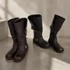 Botas compridas de couro bovino de uso duplo para mulheres baixinhas, com cano alargado para pernas grossas, botas de cano alto, botas western marrons de cowboy para montaria