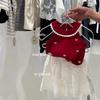 [Pequeño Chef Dulce] ¡Estética de Ballet! Conjunto de Chaleco Rojo Bordado con Moño para Bebé Niña y Pantalón Falda de Pastel Calado