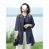 Camisa de Algodón y Lino Bordada Vintage con Cuello Mao, de Longitud Media, Chaqueta Casual Elegante para Mujer, Primavera/Verano 2026