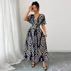 Vestido cruzado de temperamento europeo y americano de sarga 2025 verano nuevo Amazon ebay manga corta cintura falda grande mujer
