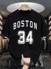Boston 34 Estampa de Letras Artísticas Camiseta Vintage Masculina Casual Solta Moda Algodão Verão Unissex