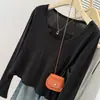 Comercio Exterior Toma Real Algodón Primavera y Otoño Nueva Camiseta de Manga Larga con Cuello en U para Mujer Estilo Coreano Ajustada Top Corto Básico
