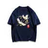 Camiseta de Manga Corta de Algodón Puro Estilo Chino con Estampado de Grulla para Hombres y Mujeres, Top Holgado y Versátil Estilo Ins de Verano