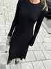 Vestido midi de punto para mujer, primavera 2024, manga larga, cuello redondo, color liso, con cordones, cintura alta, ajustado, estilo europeo y americano