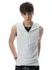 Colete com Capuz Meio Zíper Cor Sólida Retro Americano Masculino Verão Design com Senso de Estilo Nicho Solto Versátil Sem Mangas