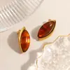Pendientes Transfronterizos de Acero Inoxidable Estilo Maillard con Forma de Grano de Arroz, Incrustación de Resina Marrón Ámbar y Chapado en Oro Real de 18K