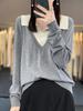 Nuevo Suéter de Lana Peinada para Otoño e Invierno 2025 con Cuello Chal de Manga Larga para Mujer, de Bloques de Color, Holgado, Falso Dos Piezas