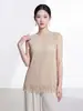 Camiseta sin mangas con borlas Miyake para mujer, diseño único, plisado de escamas de pez, cuello redondo, color liso, corte línea A, camiseta top adelgazante, moderna
